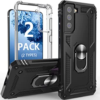 [2 Pack]Profer Compatible with Samsung Galaxy S21 5G 6.2inch Case Clear With Stand Kickstand Ring Magnetic Slim Heavy Duty Defender Armor Military Grade Silicone Phone Cover for Samsung S21 Case Black