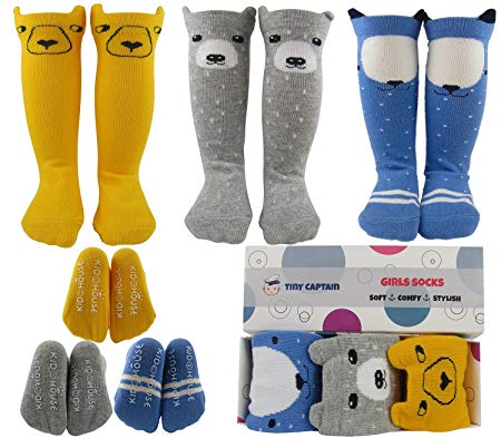 Tiny Captain Baby Girl Knee High Socks 8-24 Months Best Toddler Gift for 1-3 Year Old Girls Long Cotton Sock (Yellow, Blue, Grey, Small)