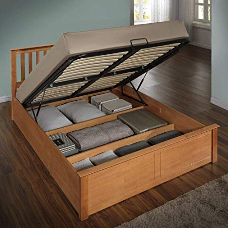 Wooden Ottoman Storage Bed, Happy Beds Phoenix Oak Wood Modern Bed Frame - 4ft Small Double (120 x 190 cm) with Spring Mattress Included