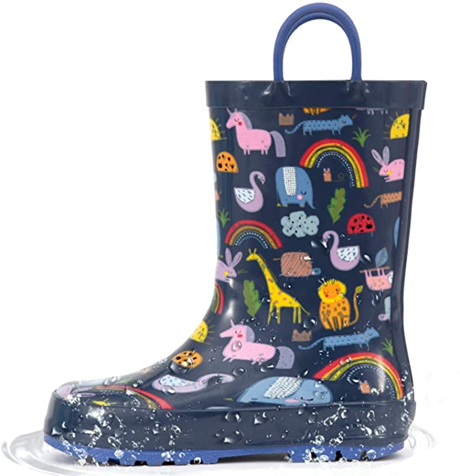 Outee Toddler Kids Rain Boots Rubber Cute Printed with Easy-On Handles