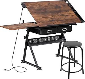 ZENY Adjustable Drafting Table with Stool, Tilting Drawing Desk Artist Table with Storage Drawers, Art Craft Workstation for Home Office Reading, Writing, Crafting