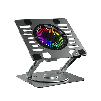 Portronics My Buddy Spinlight Laptop Stand with Cooling Fan, 360° Rotating Base, Adjustable Height & Angle, RGB Lights, Aluminium Alloy Body for Upto 15.6” Laptops and Tablets (Silver)