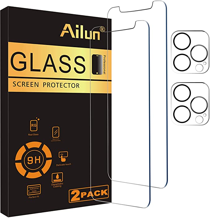 Ailun 2Pack Screen Protector Compatible for iPhone 12 Pro[6.1 inch]   2 Pack Camera Lens Protector,Tempered Glass Film,[9H Hardness] - HD