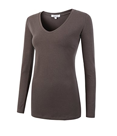 Vetemin Women Basic Fitted Soft Lightweight Long Sleeve Deep V Neck T shirt Tee