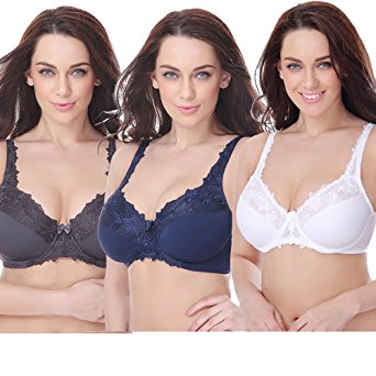 Curve Muse Plus Size Minimizer Underwire Unlined Bra With Embroidery Lace-3Pack