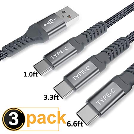 USB Type C Cable,AkoaDa 3-Pack (1/3.3/6.6ft) USB to USB C Cable Nylon Braided Fast Charger Cord Compatible with Samsung Galaxy S8 S9 Plus Note 8 Note 9,Google Pixel 2 XL,LG G5 G6 V20,Moto Z Z2(Grey)