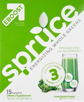 EBOOST Spruce - Energizing Whole Greens, Great Tasting Green Mix With 3 True Servings of Vegetables and Natural Caffeine, 15 packets