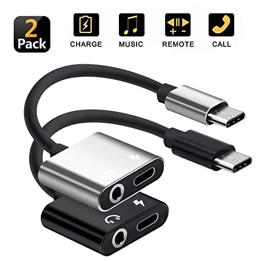 2 in 1 USB Type C to 3.5mm Audio Adapter, Headphone Female Extension Cable with Fast Charger Splitter Replacement for Pixel 2/2XL,HTC,Huawei Mate10 Pro,MacBook etc (2Pcs)