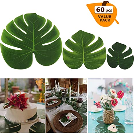 Artificial Monstera Leaves Faux Palm Tree Leaves Fake Green Leaf for Luau Hawaiian Jungle Safari Tiki Tropical Theme Party Decor Birthday Wedding Supplies Wall Table Decorations,60PCS in 3 Sizes
