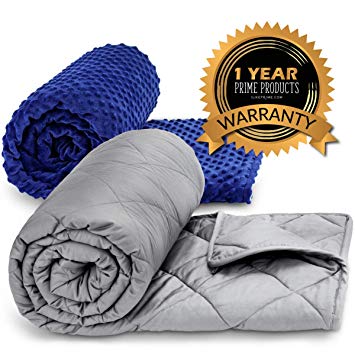 Prime Products Adult Weighted Blanket - with Duvet Cover - 60x80 15lbs - Premium Glass Beads - Cover is Minky/Cotton Grey and Blue
