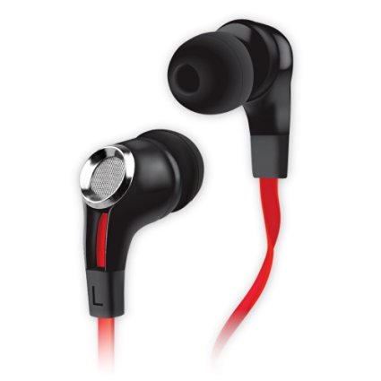 NoiseHush NX85 Earphones Premium Bass Stereo In-Ear Headphones feature a Tangle-Free Cable; In-line Microphone and Multifunction Button; Soft Gel Earbuds - Black/Red