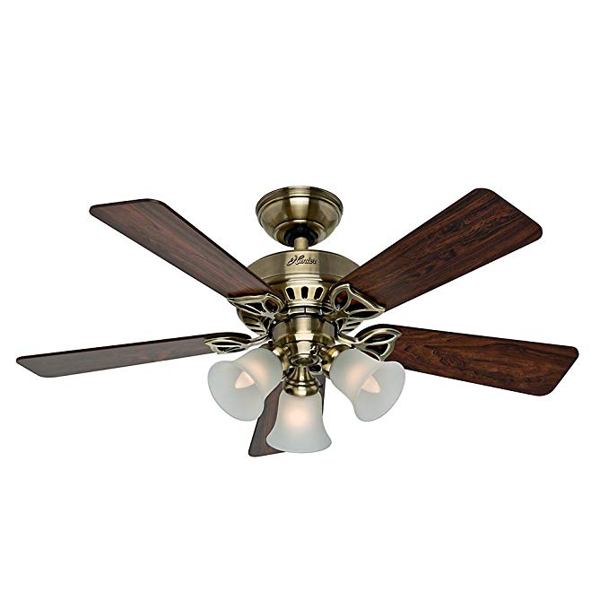 Hunter 53078 The Beacon Hill 42-Inch Ceiling Fan with Five Rosewood/Medium Oak Blades and Light Kit, Antique Brass