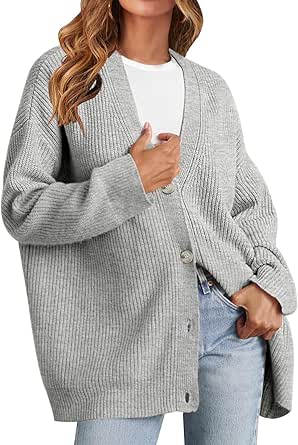 MEROKEETY Women's Cardigan Sweaters 2024 Fall Open Front Oversized Button V Neck Loose Soft Knit Outwear