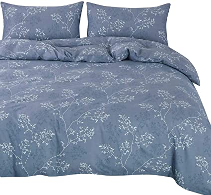OREISE Duvet Cover Set King Size 100% Cotton 3Piece Bedding with Zipper Closure (Navy Gray Branch,King)