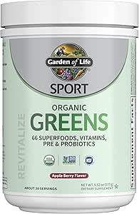 Garden of Life Sport Nutrition Greens and Superfoods Powder - Apple Berry, Organic Athletic Powder Blend with Fruits, Vitamins, Pre & Probiotics, Mushrooms Supplements, Vitamin K2, About 30 Servings