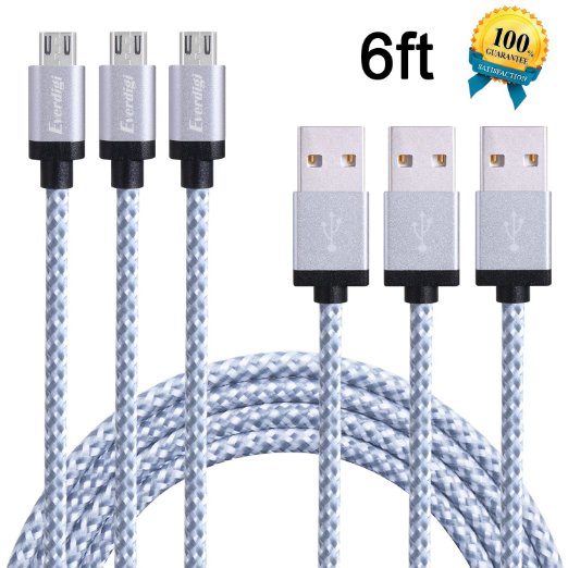 EverDigi 3Pack 6FT Micro USB Cable Nylon Braided USB 2.0 A Male to Micro B Sync and Charging Cable Cord Wire Universal for Samsung, HTC, Motorola, Nokia, Android, and More