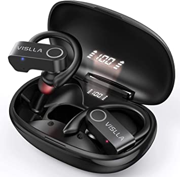 Vislla Bluetooth Sports Headphones, V5.0 True Wireless Earbuds TWS Deep Bass Earphones, 8 Hours Playtime Waterproof Headset with LED Power Display Charging Case & Built-in Mic for Running/Workout/Gym