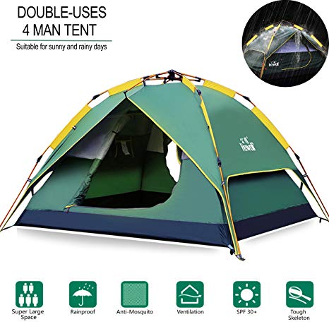 Hewolf Camping Tent 3-4 Person [Instant Tent] Waterproof [Double Layer] [Quick Setup] 3 Season Family Beach Tent UV Protection Carry Bag
