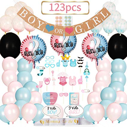 Baby Gender Reveal Party Supplies | Gender Reveal Props | Gender Reveal Banner | Mom To Be Sash | Confetti Balloons | Team Boy Or Girl | Gender Reveal Decoration Kit With 123 Pieces