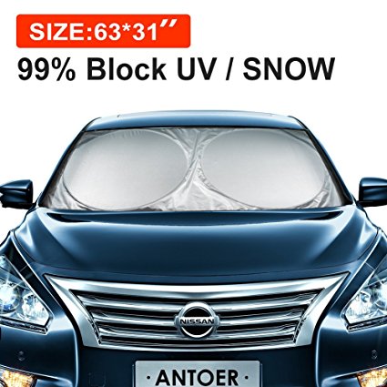 ANTOER Car Sun Shade Travel Pouch, Large Sizes With 2 Ears Block Out 99% UV Rays Heat & Snow Car SunShade Keep Automobile Cool Easy to use 63”x31” (Large 63x31 Inches)