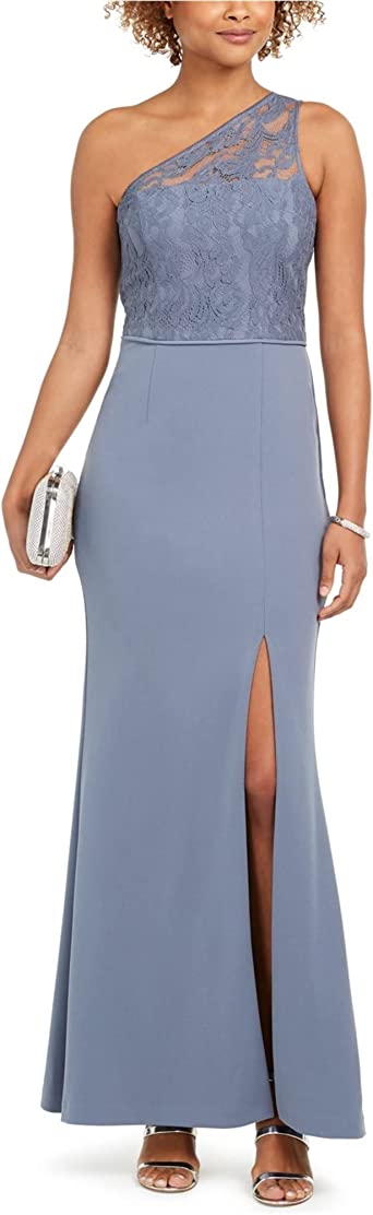 Adrianna Papell Womens Light Blue Slitted Lace Asymmetrical Neckline Full-Length Evening Dress 4