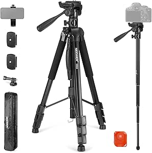 NEEWER Basic 74" Video Tripod Monopod w/ 3 Way Pan Tilt Head & Handle, Heavy Duty Metal Camera Tripod Stand w/Phone Holder & Action Cam Adapter Compatible with GoPro DJI iPhone, Max Load 17.6lb, TP05