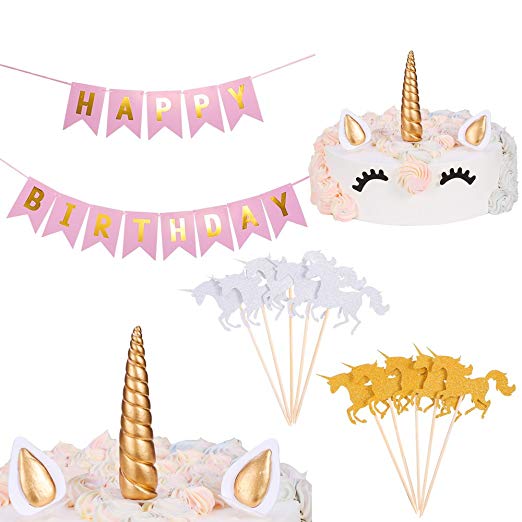 Antner Handmade Unicorn Cake Toppers and Cupcake Toppers and "HAPPY BIRTHDAY" Banner for Party Baby Shower Wedding Decoration