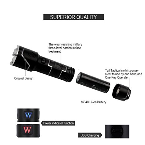 WUBEN I332 Rechargeable 16340 Battery Utilizes CREE XPL-V5 LED 520 Lumens Bright Tactical Flashligh Portable Outdoor Water Resistant Torches With 5 Light Modes Outdoor Sports and Self Protection Camping Hiking Flashlight Black