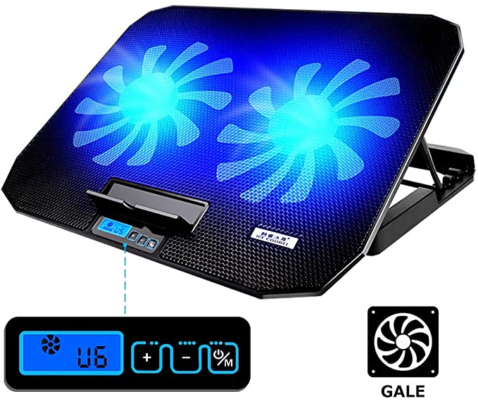 Laptop Cooling Pad, 12"-17" Quiet Laptop Cooler Cooling Pad Stand With 2 USB Port Powered Quiet Fans and Blue LCD Screen, 1400 RPM, Ultra Slim Portable, 5 Heights Adjustment And 6 Wind Speeds (Black)