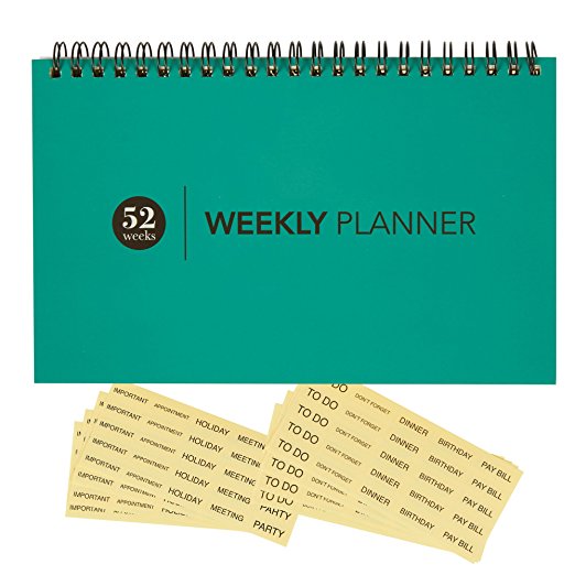 Blank Weekly Calendar Planner - For Home & Office - Undated Wire Bound Desk Pad Planner - 52 Weeks - Teal Blue - Includes Clear Reminder Stickers - 8 x 5 inches