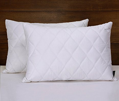 Millihome Quilted Feather and Down Pillows, 100% Egyptian Cotton, Standard/Queen Size, White, Set of 2