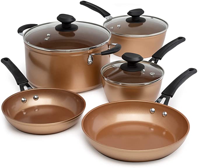 Ecolution Endure Titanium Ceramic Easy Clean Pots and Pans with Nonstick Interior Cookware Set with Silicone Stay Cool Handles, Copper