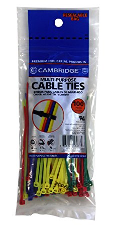 Cambridge 100 pcs- 4" 18 Lbs Tensile Strength, Mini/Lightweight Duty Nylon Cable Ties, Assorted Colors