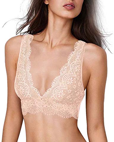 YIANNA Lace Bralette, Women's Deep V Neck Unpadded Lace Long Line Plunge Bralette Bra