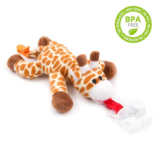 BabyHuggle 4 in 1 Plush Giraffe Pacifier - Soft Stuffed Toy with Detachable Silicone Baby Binky, Clip Holder and Squeaky Sound - 100% Non Toxic & Safe - Soothing & Comfortable for a Good Night Sleep