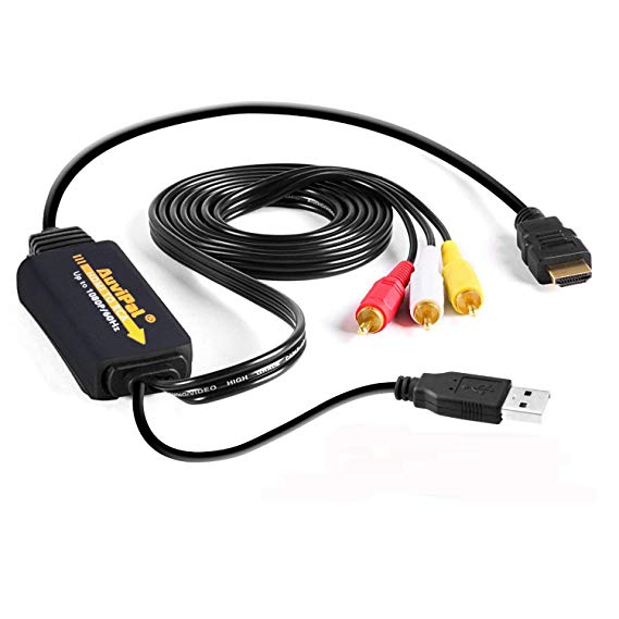 1080P RCA to HDMI Converter Cable, AuviPal AV to HDMI Adapter for Playing PS3/ PS4/ Xbox/VHS/ VCR/DVD Player/Game Consoles and More on Modern TV. All-in-One 3RCA Composite AV to HDMI Video Converter