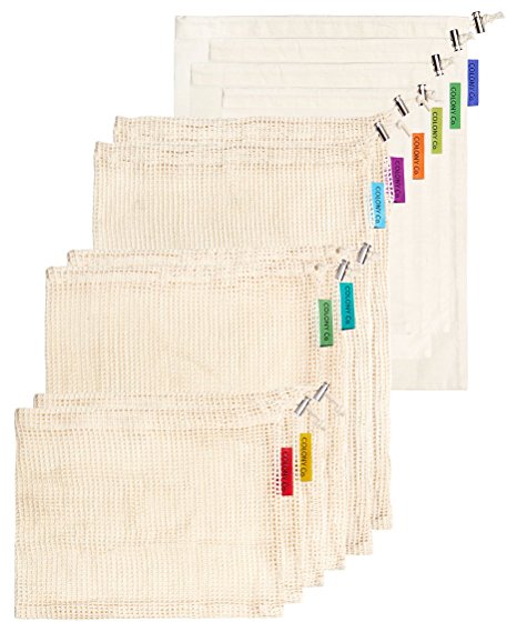 10-Piece Combo Set | 6 Reusable Produce Bags   4 Reusable Bulk Bin Bags | Cotton Materials are Biodegradable | Our Packaging is Recyclable | Tare Weight on Label | Strong Double-Stitched Seams |