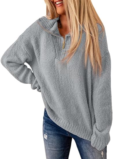 Dokotoo Women's Casual 1/4 Zip Pullover Polo V Neck Long Sleeve Knit Sweater for Women Jumper Tops