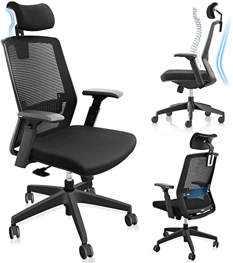 LONGOU Ergonomic Office Chair, Home Office Mesh Chair, High Back Desk Chair with Adjustable Lumbar Support & 3D Armrest & Seat Height, Tilt Function, Swivel Silent Rolling (Black)