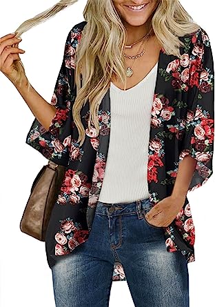 BB&KK Women's Floral Kimono Cardigans Chiffon Casual Loose Open Front Cover Ups Tops