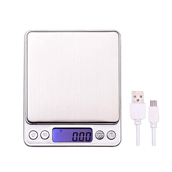 oFami Digital Kitchen Scales,Stainless Steel Mini/pocket Scales,500g/0.01g or 3000g/0.1g Multifunction USB Rechargeable Food Scales,High Precision Jewelry Scales with 2 Removable Trays