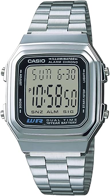 Casio A178WA-1A Men's Quartz Digital WatchSilver Finish Resin Body Stainles-Steel Strap with Grey Dial