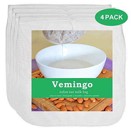 Vemingo Nut Milk Bag 12"x12" Cheesecloth Bags Reusable Nut Mesh Bag for Almond Milk, Cashew Milk, Juice, Cheese, Coffee, Tea, Food Strainer 4 Pack