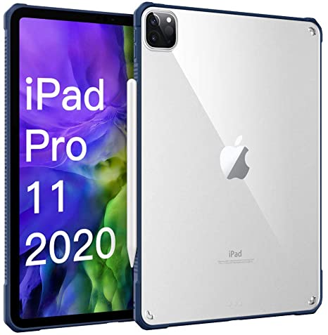 MoKo Case Fit iPad Pro 11" 2018/2020 [Support Apple Pencil 2 Charging Function] Flexible TPU Air-Pillow Edge Bumper Cushion Combines Clear Slim Lightweight Transparent Hard PC Back Cover Shell - Blue