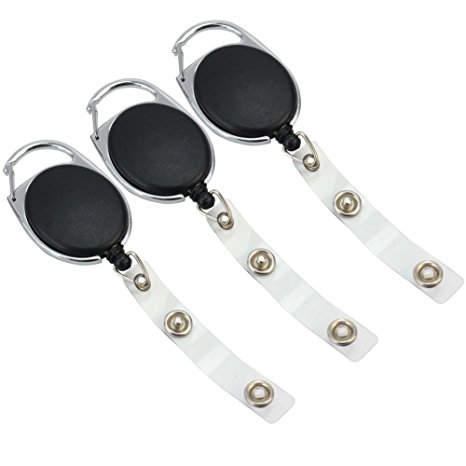 3x Black Carabiner Style Retractable Reel Key Chain ID Badge Holder Office NEW