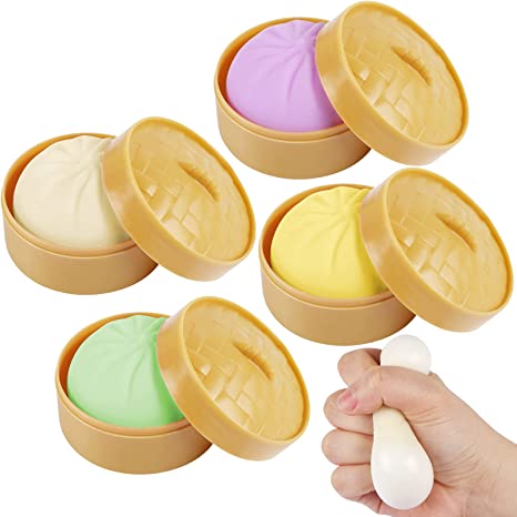 4 PCS Colorful Dumpling Squishy Stress Balls Fidget Sensory Toys,Simulation Food Squishies Bun with Little Steamer Squeeze Dough Ball Stress Relief Hand Toy,Anti-Anxiety Stretchy Toy for Kids Adult