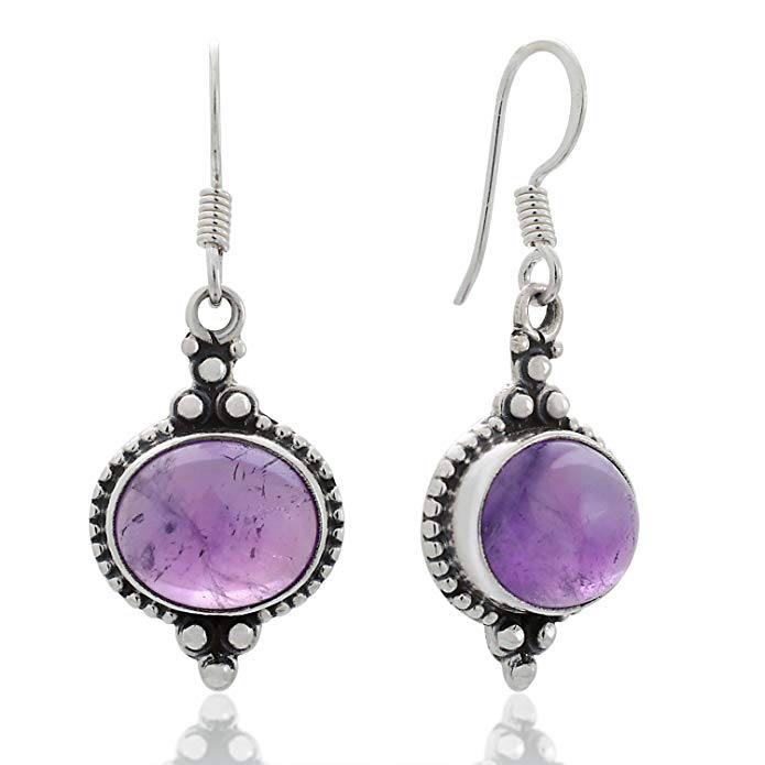 925 Sterling Silver Natural Gemstone Indian Inspired Vintage Oval Dangle Hook Earrings 1.5"