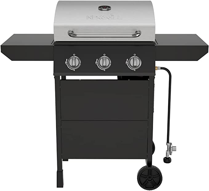 Nexgrill Premium 3 Burner Propane Barbecue Gas Grill, Side Table Open Chart with Wheels, Outdoor Cooking, Patio, Garden Barbecue Grill, 27000 BTUs, Black and Silver