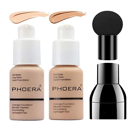 PHOERA Foundation Makeup Set, Firstfly Matte Oil Control Concealer Foundation Cream, Long Lasting Waterproof Matte Liquid Foundation with Mushroon Head