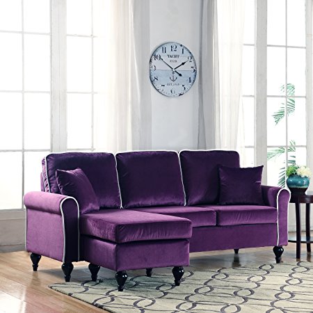 Classic and Traditional Small Space Velvet Sectional Sofa with Reversible Chaise (Purple)